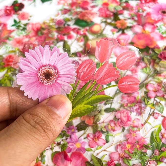Yoksas Nature Vintage Pink Flower Plants Stickers - 100 Pcs Aesthetic Clear Floral Stickers for Scrapbooking, Journaling,Planner,Art Project