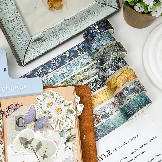 12 Rolls Flowers Washi Tape Set Floral Arts Adhesive Tapes Splast Silver Decorative Masking Tape Sets for Craft, Kids, Scrapbook, DIY, Gift Wrapping (Verdant Glow)