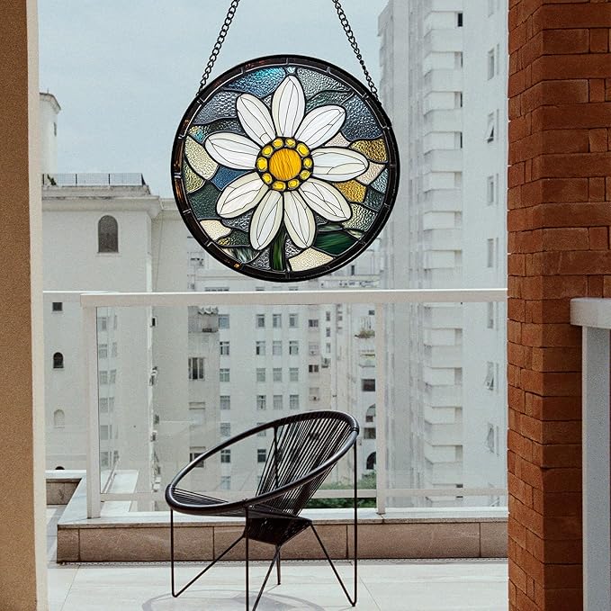 Stained Glass Window Hanging - Yellow White Daisy Birth Flower Suncatcher for Door Garden Yard Sun Catchers Decor Christmas Mother's Day Birthday Gifts for Teacher Women Mom Nana 11.8 in