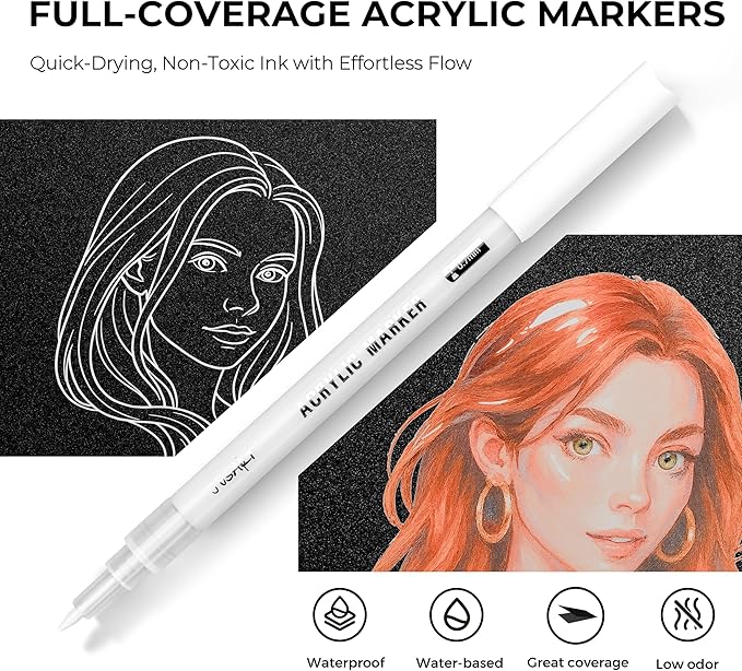 JusArt 6 Pack White Permanent Markers, 0.7mm Fine Point Acrylic Paint Pens for Rock Painting, Art Projects, Ceramic, Glass, Wood, Metal, Fabric, DIY, Ideal White Acrylic Marker for Art Supplies