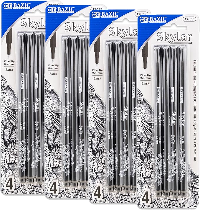 BAZIC Products Skylar Fineliner Pen, Fine Tip 0.4mm Pens, Black Ink, Writing Drawing Bullet Journaling Notes for Art Graphic Office School, 4 Count, 4-Pack