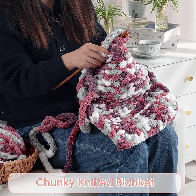 HOMBYS 12 Pack Giant Chunky Yarn for Crocheting & Knitting, Super Bulky Soft Fluffy Tie Dye Plush Fuzzy Mixed Color Thick Chenille Yarn (Red, Purple)