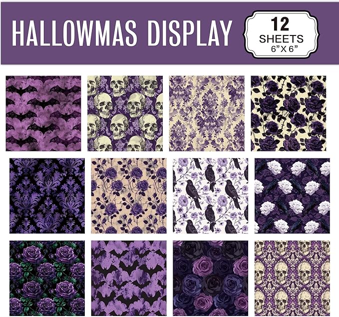 12 Sheets Gothic Purple Halloween Scrapbook Paper 6" x 6" – Dark Vintage Skull Rose Raven Bat Medieval Pattern Craft Paper for Decoupage, Journaling, Origami, Card Making, DIY Projects