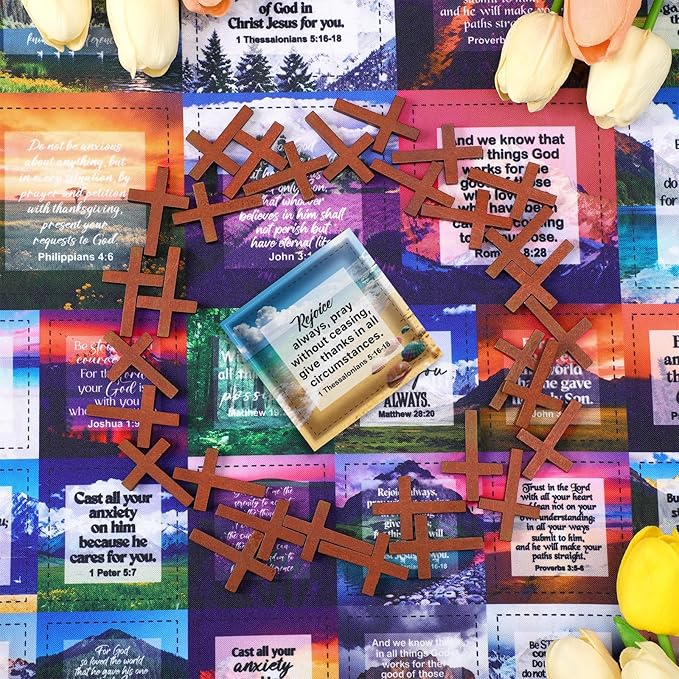 Pocket Prayer Quilt Panel Squares with Small Wooden Crosses Mini Scripture Pocket Prayer Quilt for Friend Family Religious Spiritual Gift Easter Reward Gift(Scenery,Brown)