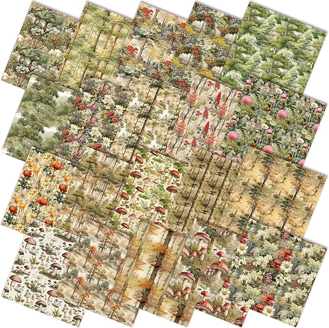 HunnmingRe 20 Pcs 10''x10'' Vintage Mushroom Quilting Fabric Square Woodland Forest Quiltted Fabric Bundle Fairy Junk Fairytale Precut Printed Patchwork Supplies for Holiday DIY Sewing Material Craft