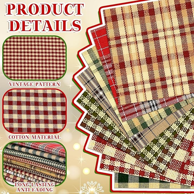 60 Pcs 10 x 10 Inch Vintage Christmas Quilting Fabric Plaid Homespun Cotton Fabric Jelly Squares Lattice Rustic Precut Santa Claus Quilting Strips for Xmas Craft Sewing DIY