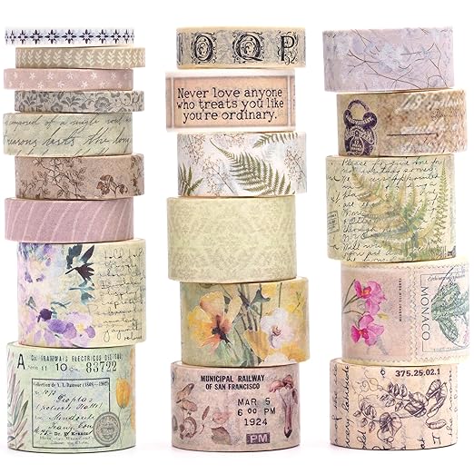 20 Rolls Vintage Washi Tape Set Retro Arts Adhesive Tapes Fleeting Monologue Decorative Masking Tape Sets for Craft, Kids, Scrapbook, DIY, Gift Wrapping (Wilderness Remians)
