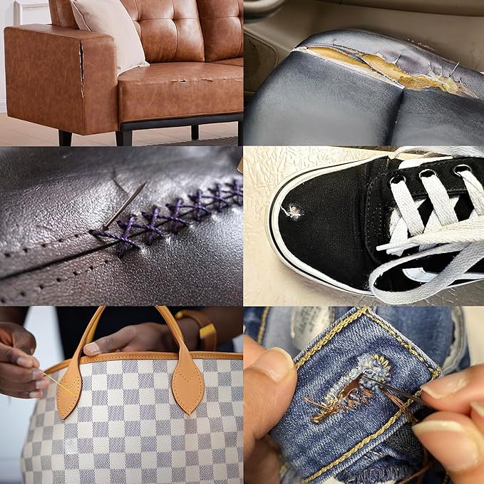 VONEEDL Heavy Duty Sewing Needles (11 PCS) & Waxed Thread (Black Color - 4 Rolls) - Upholstery Repair Kit for Leather, Canvas, Quilting & More