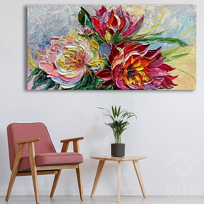 Art Hand Painted red Flowers Art Oil Painting 24x48 Thick Texture Abstract Wall Decorative Art Oil Painting