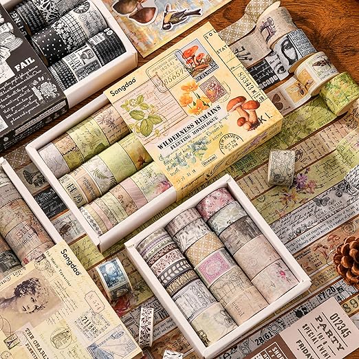 20 Rolls Vintage Washi Tape Set Retro Arts Adhesive Tapes Fleeting Monologue Decorative Masking Tape Sets for Craft, Kids, Scrapbook, DIY, Gift Wrapping (Black & White Memories)