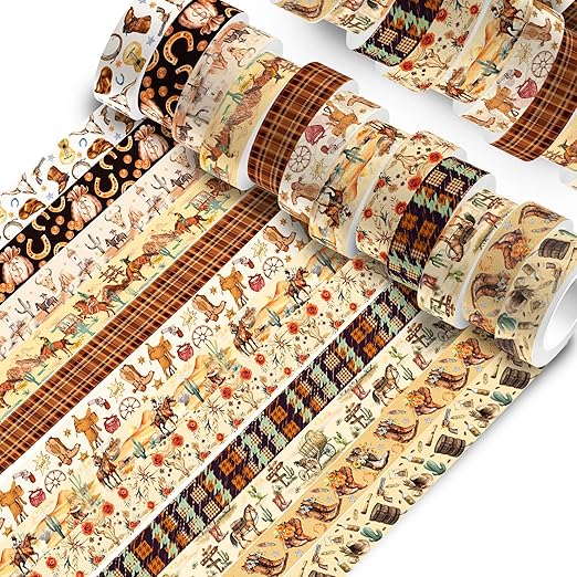Adirasenotek 12 Rolls Western Washi Tape Set, Cowboy Cowgirl Decorative Paper Stickers, DIY Art Crafts Wrapping Decor for Gifts, Cowboy Stickers