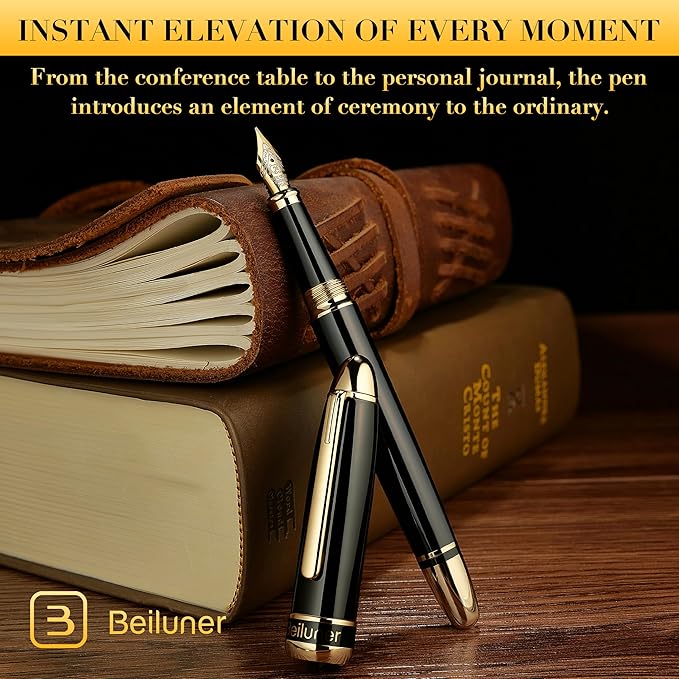 BEILUNER 315 Black Fountain Pen,Stunning Luxury Pens with 24K Gold Accents, Gorgeous 24K Gilded Nib(Medium), Ink Converter,Fancy Pen Gift for Men&Women-Elegant, Office, Reliable, Nice Design