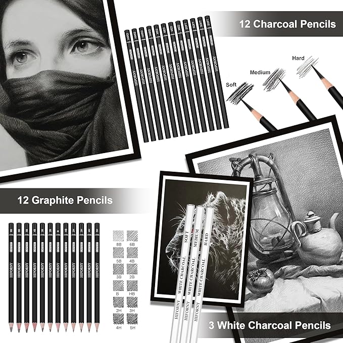 HIFORNY 100 PCS Drawing & Sketching Set, Professional Art Supplies with Graphite,Charcoal, Colored,Watercolor,Metallic Pencils,Blending Tools,Sketchbook and Coloring Book in Zipper Case (Pink)
