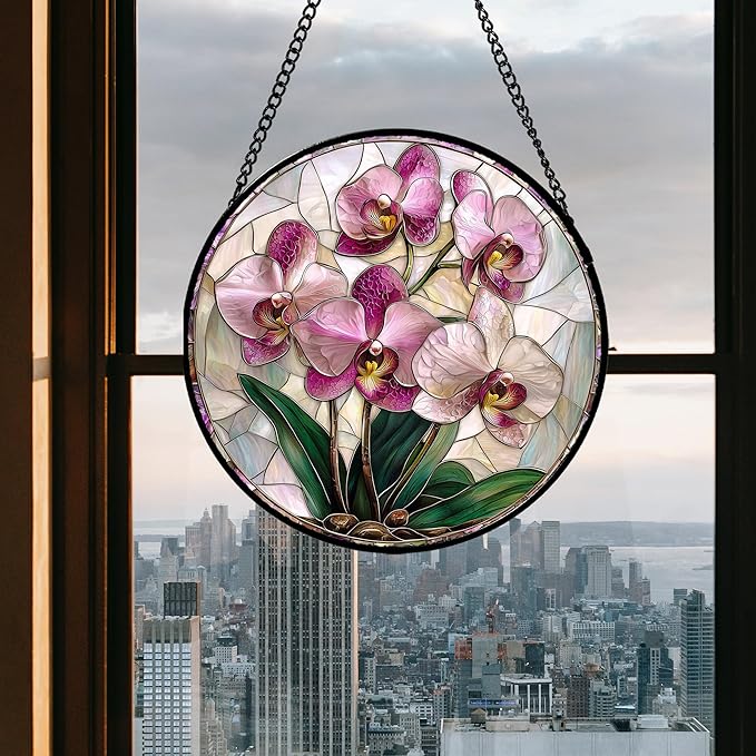 Stained Glass Window Hanging - Pink Purple Phalaenopsis Flowers Sun Catcher for Door Home Decor Plant Suncatcher Christmas Mother's Day Birthday Gifts for Women Men Mom Nana 6.3 in