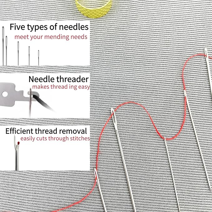 37pcs Sewing Kit Set,5 Size Big Eye Steel Needles for DIY Hand Sewing Tools with Easy Thread Needles,Thimble,Seam Ripper and Leather Bag for Beginners,Household