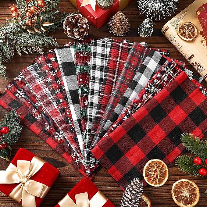 Fanfanwin 60 Pcs 10 x 10 Inch Vintage Christmas Quilting Fabric Retro Plaid Homespun Cotton Buffalo Fabric Jelly Squares Lattice Rustic Snowflake Quilting Strips for Xmas Craft Sewing DIY