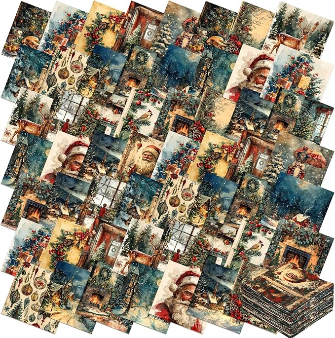 100 Pcs 5 x 5 Inch Vintage Christmas Quilting Fabric Christmas Fat Squares Patchwork Strips Santa Nutcracker Reindeer Precut Fabric Bundles for Xmas Handmade DIY Craft Sewing Material