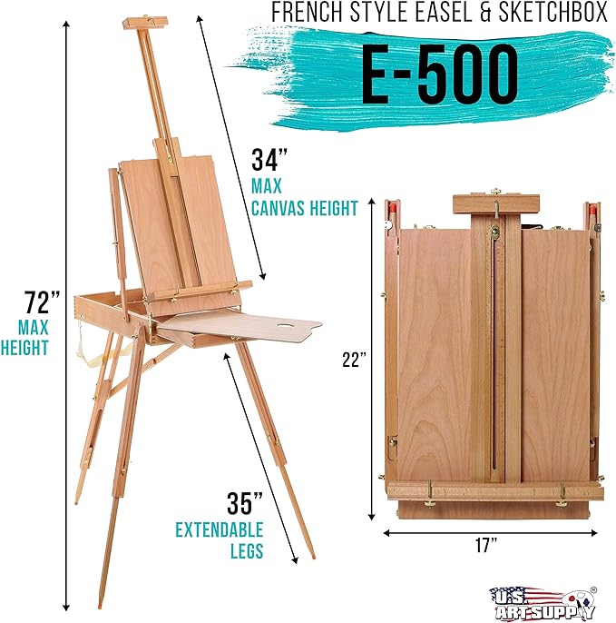 U.S. Art Supply Large Beechwood French Easel, Adjustable Plein Air Easels Sketchbox Tripod for Field & Studio Painting Easel for Adults, Drawing, Display - Portable with Artist Drawer & Palette