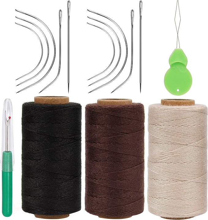 Lusecarl Needle and Thread for Hair Extensions 3 Rolls Hair Weave Sewing Threads with 10 Pcs C J I Shape Curved Upholstery Needles for Hand Sewing, Hair Extensions, Making Wigs DIY (10+3, 3Color)