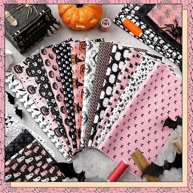 Ganeen 60 Pcs 10 x 10 Inch Pink Gothic Quilting Fabric Squares Spooky Pink Ghost Fat Patchwork Precut Strips Retro Pumpkin Skull Fabric Bundles for Christmas Halloween DIY Craft Sewing Quilt Material