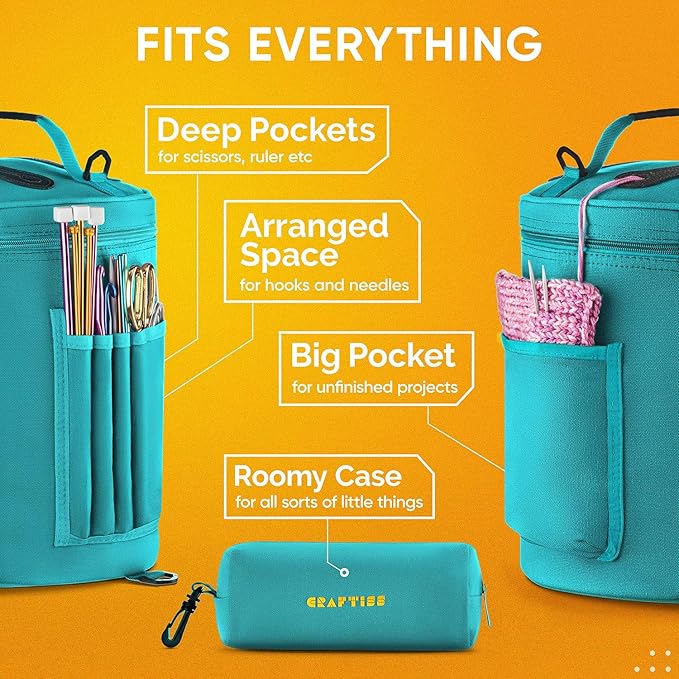 CRAFTISS Knitting Bag Yarn Storage - Christmas Gift - Durable Canvas Yarn Holder for Crochet Accessories - Organizer Crochet Bag with Knitting Accessories Case (Turquoise)