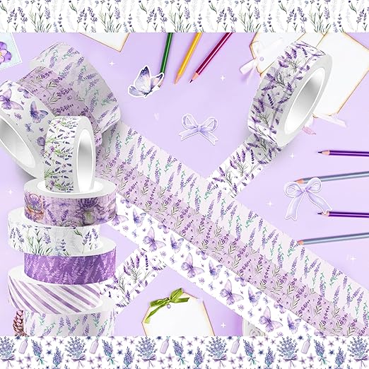 12 Rolls of Lavender Washi Tape, Purple Floral Decorative Tape, DIY Flower Butterfly Pattern Sticker for Journals, Planners, Scrapbooking, Packaging, Crafts, Party Supplies Favors