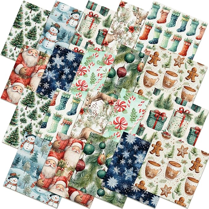 Hahafelt 10 Pcs Watercolor Christmas Quilting Fabric Bundles 20 x 20 Inch Xmas Santa Claus Gingerbread Man Snowflake Fat Squares Quarters Fabric by The Yard Patchwork for Craft Sewing DIY Decor