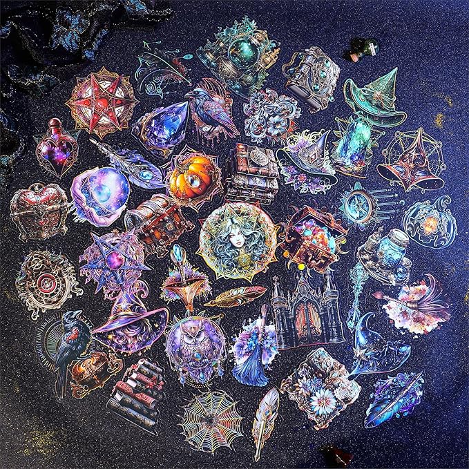 60 PCS Holographic Gold Foil Gothic Witch Stickers – Clear Dark Magic Astrology Scrapbook Stickers for Journaling, Wicca, Planner, Witchcore Aesthetic, Vintage Book & Crystal Cat, Witchcraft Supplies
