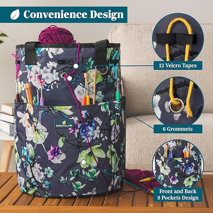 PAVILIA Crochet Bag Knitting Bag Organizer, Yarn Bag Storage Tote for Crocheting On The Go, Knitting Accessories Supplies Holder with Grommets, Gift for Crochet Lovers Knitters (Floral Gray)