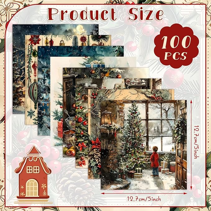 100 Pcs 5 x 5 Inch Vintage Christmas Quilting Fabric Christmas Fat Squares Patchwork Strips Santa Nutcracker Reindeer Precut Fabric Bundles for Xmas Handmade DIY Craft Sewing Material