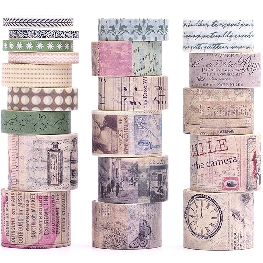 20 Rolls Vintage Washi Tape Set Retro Arts Adhesive Tapes Fleeting Monologue Decorative Masking Tape Sets for Craft, Kids, Scrapbook, DIY, Gift Wrapping (Charlie Chronicle)