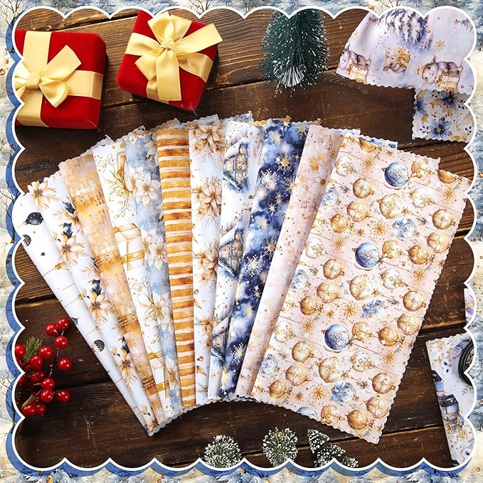 Oudain 60 Pcs 10 x 10 Inch Blue Gold Quilting Fabric Squares Vintage Christmas Fat Patchwork Precut Strips Poinsettias Fabric Bundles for Xmas DIY Craft Sewing Handmade Materials