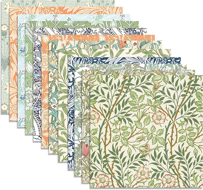 24 Sheets William Morris Scrapbook Paper Pad Double-Sided Vintage Floral Patterned Decorative Craft Paper for Card Making Photo Album Journal DIY Craft, 11.8'' x 11.8''
