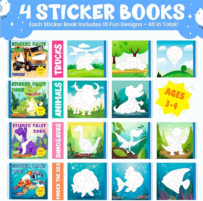 BulbaCraft 4Pcs Sticker Paint Books - Sticker Books by Number with Dinosaurs, Trucks, Animals and Under The Sea - Coloring Activity