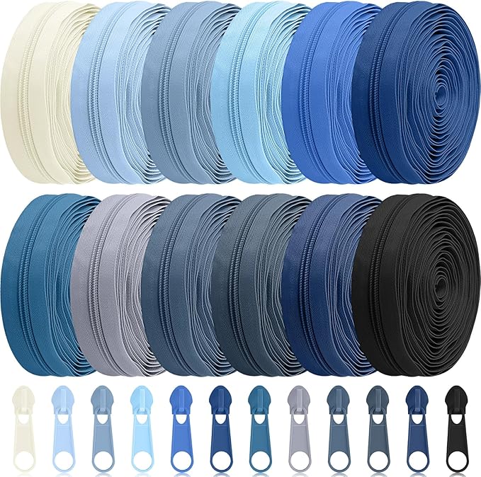 Syhood 36 Yards 12 Pieces #5 Sewing Zippers Tapes Assorted Nylon Lightweight with 120 Plastic Zipper Sliders for Women Men Sewing Supplies(Blue Series)