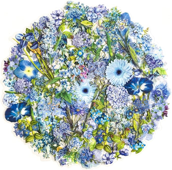 Yoksas Nature Blue Flower Plants Stickers - 100 Pcs Aesthetic Clear Floral Stickers for Scrapbooking, Journaling, Retro Art, Resin Crafts