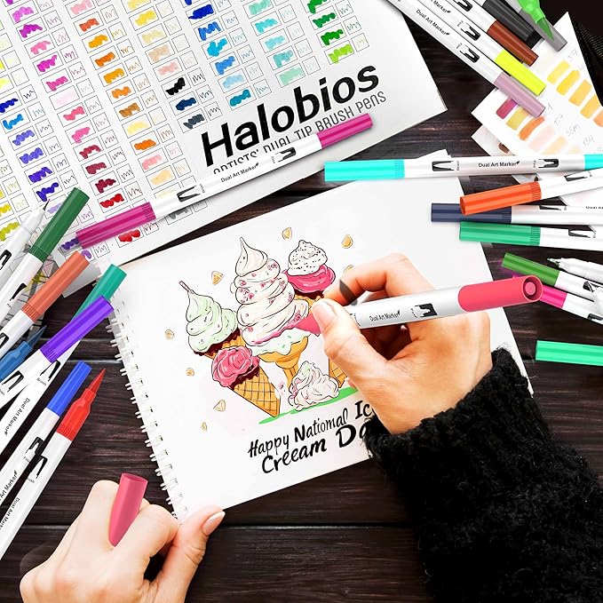 120 Color Dual Tips Brush Pens, Fine and Brush Tip Markers with Swatch Card for Adult Coloring, Art Markers Set for Journaling Calligraphy Drawing Sketching Doodling Illustrating