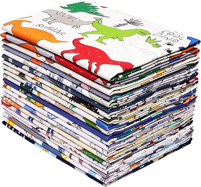 Hanjunzhao 21Pcs Cartoon Dinosaur Fat Quarters Fabric Bundles 18 x 22 Inch, Animal Print Cotton Quilting Fabric Squares for Quilting, Sewing, Blanket, Quilts, Home Decor, and Crafts, Dinosaurs