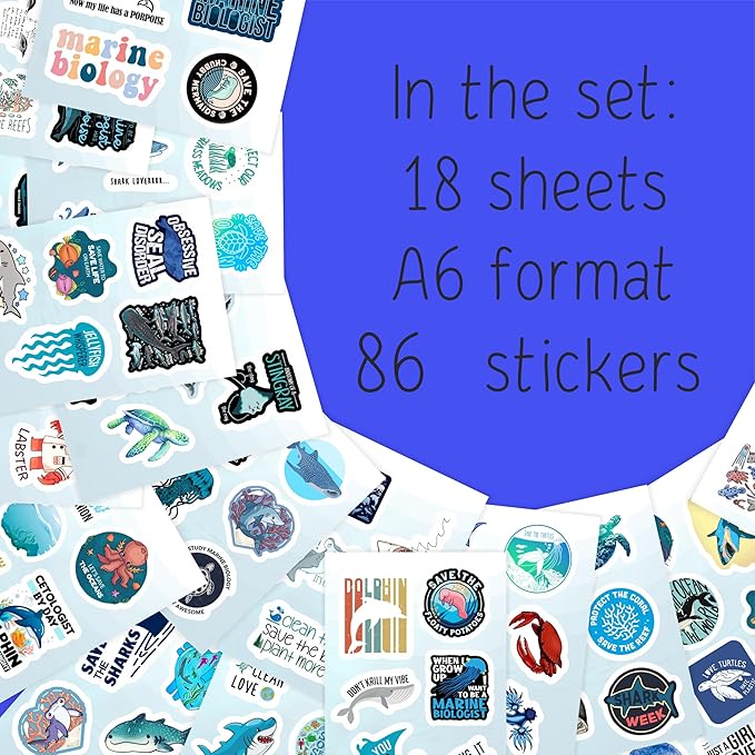 BulbaCraft Marine Biology Stickers for Water Bottle and Laptop - Marine Biology Party Supplies & Decorations, Waterproof Vinyl Decals, Ocean Stickers, Gifts for Women & Men