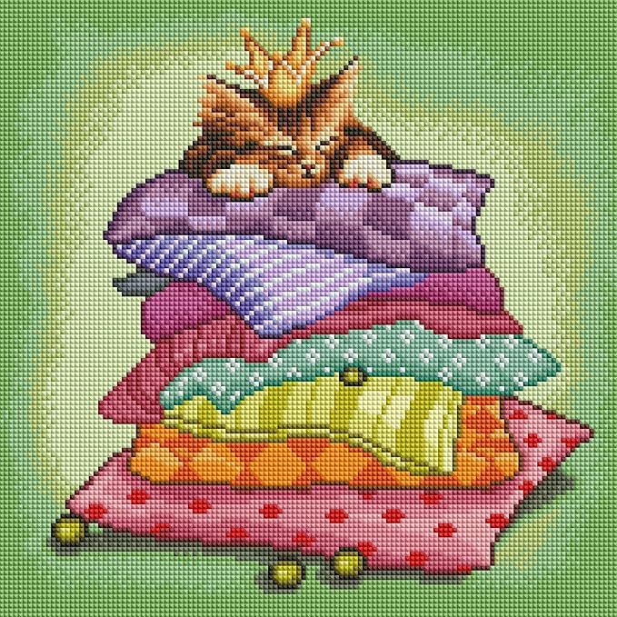 DIAMOND ART CLUB Princess and The Pea Kitty Diamond Painting Kit, Fun DIY Crafts for Adults, Square Diamond Art Canvas, 13" x 13"