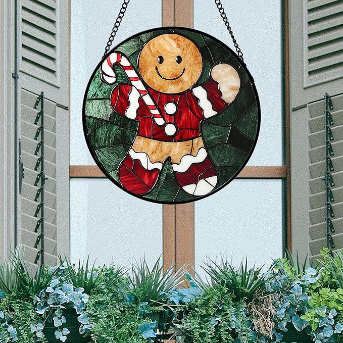 Stained Glass Window Hanging 4 Pcs Set Red Christmas Stockings and Gingerbread Large 11.8" - Suncatcher Door Garden Sun Catcher Decor Birthday Mother's Day Xmas Gifts for Mom Woman Nana Men