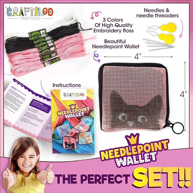Pre Printed Needlepoint Wallet Kit for Kids Embroidery Arts and Crafts Set Cross Stitch Sewing Kit (Cat)