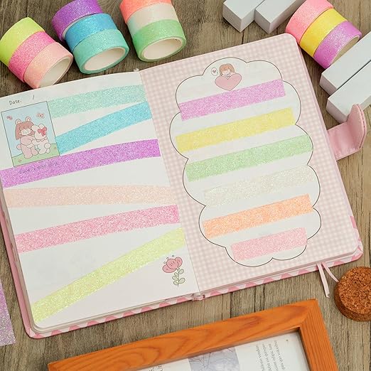 YUBX Glitter Washi Tape Set 12 Rolls Sparkling Foil Decorative Sprinkle Colored Masking Tapes for Arts, DIY Crafts, Journals, Planners, Scrapbook, Wrapping (12 Colors)