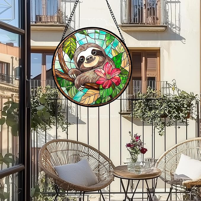 Stained Glass Window Hanging, Cute Sloth Sun Catcher for Door Home Decor Animal Suncatcher Christmas Mother's Day Birthday Gifts for Women Men Mom and Nana 6.3 in