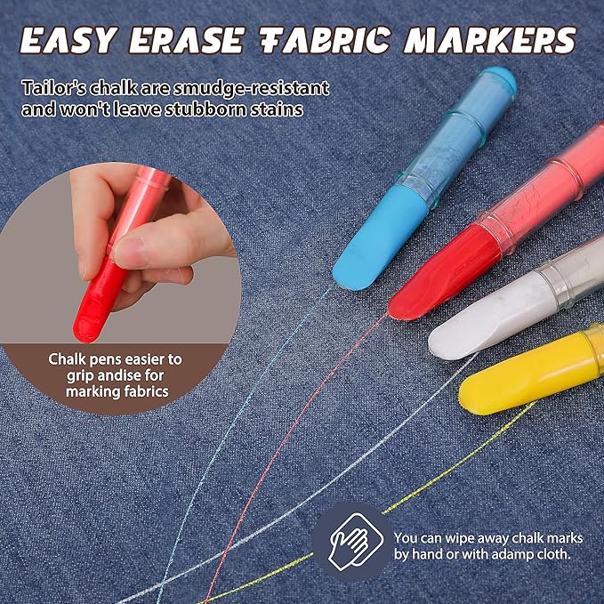 Fabric Chalk Markers for Sewing,Quilting,Crafting|Erasable Tailor Chalk|Work on Various Fabrics|Dosing Wheel Drawing Patterns Precise Line(2pk White professional tailors chalks pencil&1Ruler)