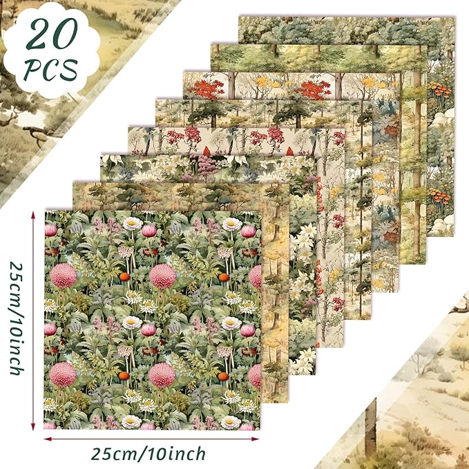 HunnmingRe 20 Pcs 10''x10'' Vintage Mushroom Quilting Fabric Square Woodland Forest Quiltted Fabric Bundle Fairy Junk Fairytale Precut Printed Patchwork Supplies for Holiday DIY Sewing Material Craft