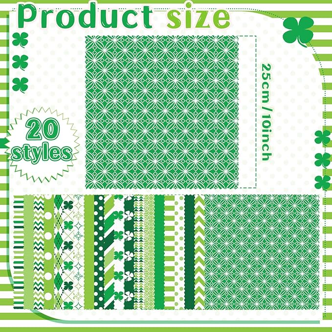 20 Pcs 10''x10'' St. Patrick's Day Quilting Fabric Square Bundle Irish Green Precuts Quiltted Fabric Shamrock Lucky Clover Printed Patchwork Supplies for Holiday Patchwork DIY Sewing Craft