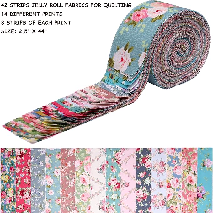 Jelly Rolls for Quilting Clearance 42 Strip 2.5" x 44" - Cotton Jelly Roll Fabric Strips for Quilting, Sewing, Blanket, Rug, Home Decor, and Purse Making, Rose Floral