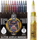 Acrylic Glitter Paint Marker Pens, Ultra Fine Point 0.7mm - Sparkle Paint Pens for Rock Painting, Stone, Ceramic Glass, Wood, Card Stock, Canvas, DIY Crafts - Set of 12