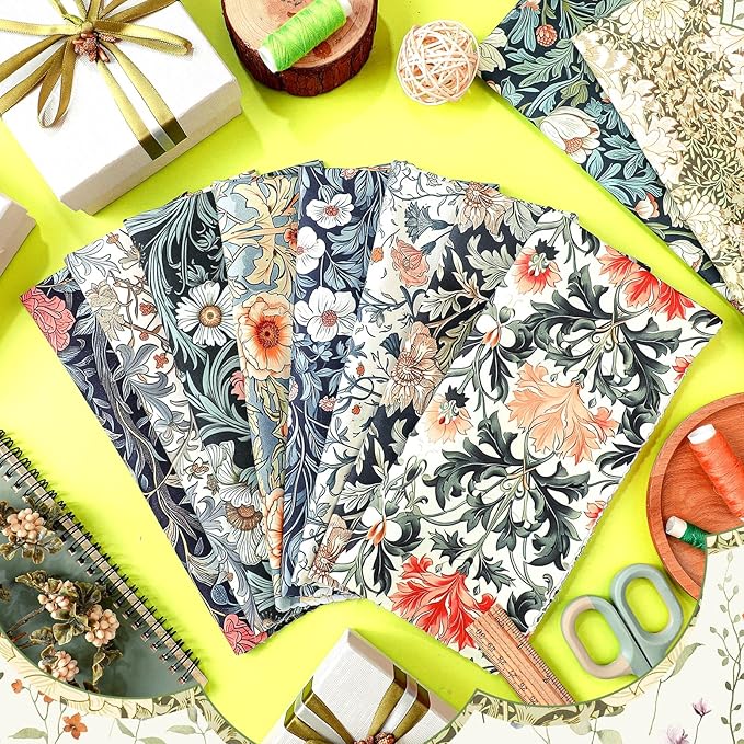 Hahafelt 10 Pcs 20''x20'' William Morris Flowers Quilting Fabric Bundles Vintage Floral Fat Quarters by The Yard Flower Fabrics Precut Quilted Patchwork for Spring Sewing DIY Craft Decor